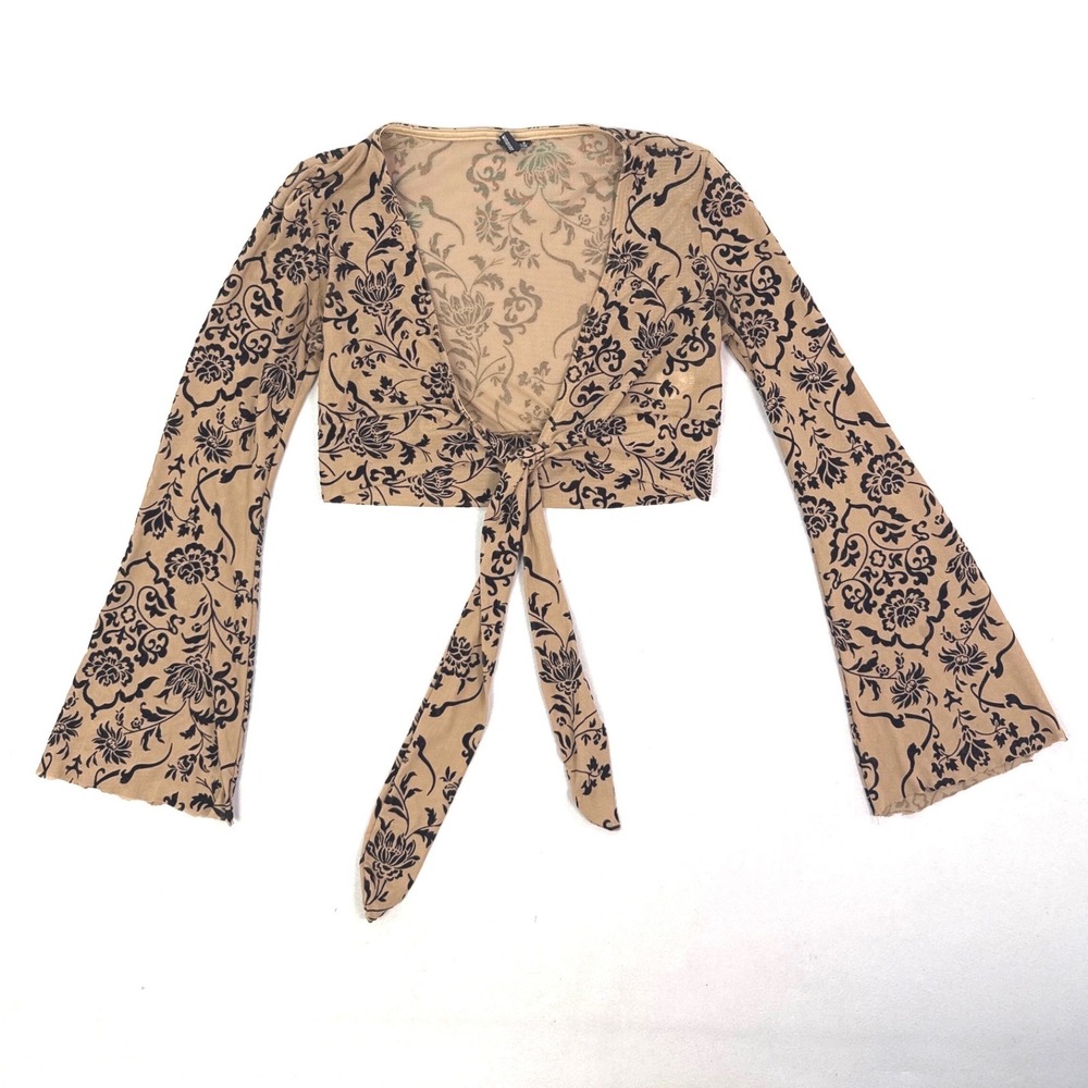 Windsor Tan Black Floral Mesh Tie Front Bell Sleeve Crop Top IT73757WS Small